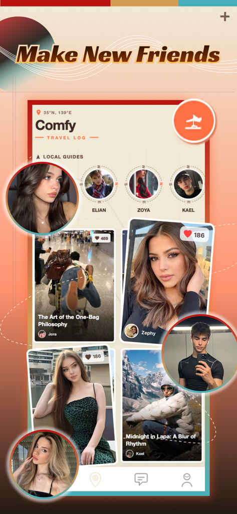 Comfy - Chat - Comfy - Chatアプリのインターフェース。旅行のストーリーやローカルガイドのプロフィールが表示され、ユーザーが新しい友達を作るのに役立つ。