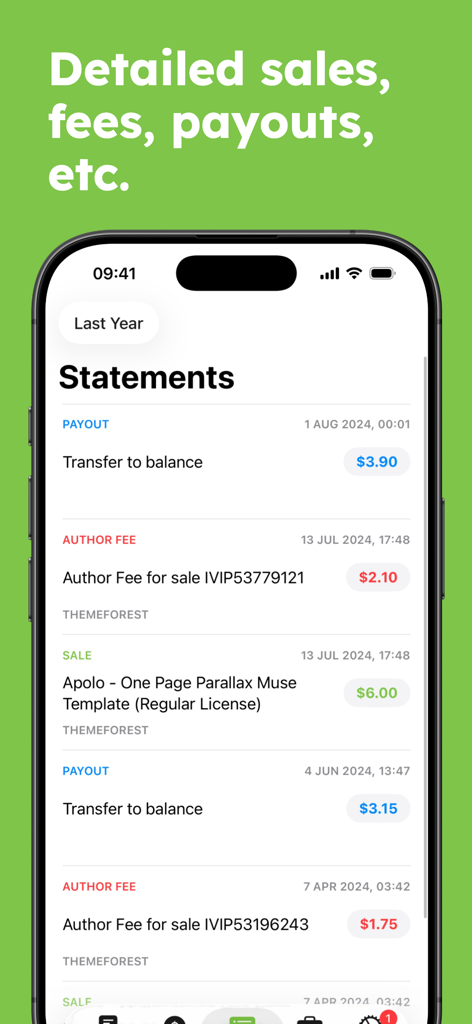 Eden - Envato Sales Tracker - Screenshot of the Eden app showing detailed financial statements including sales fees and payouts