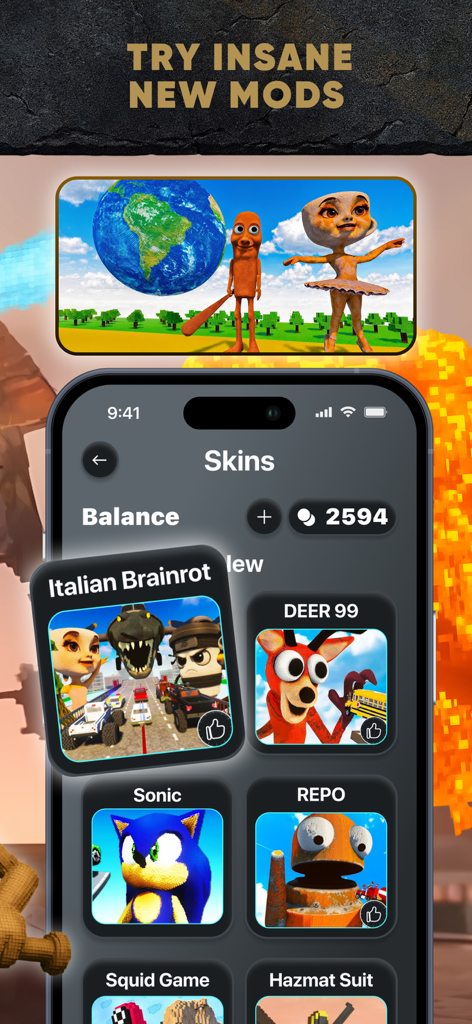 Teardown Game Mods & Maps - Interface of the Teardown Game Mods app showing various character skins like Sonic and Squid Game
