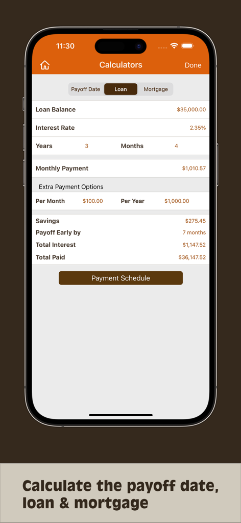 Debts Monitor - Debts Monitor loan calculator screen showing balance and interest