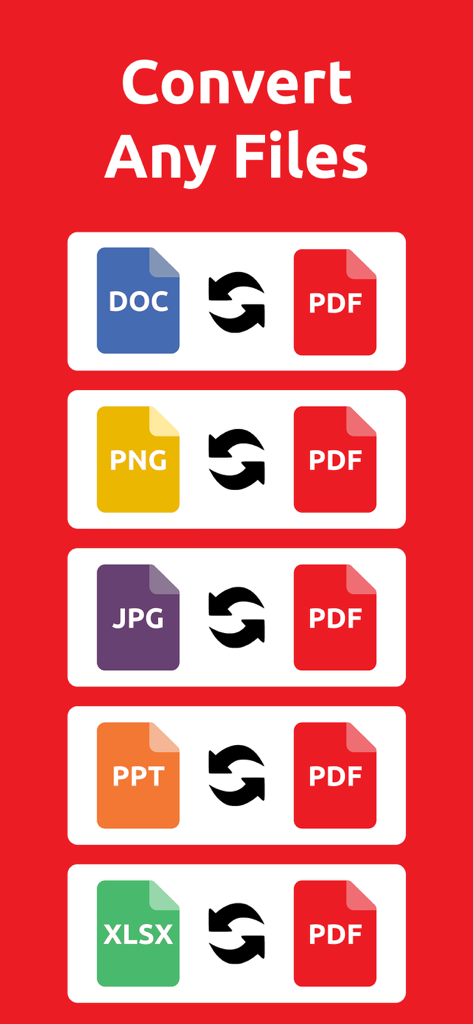 PDF Converter & PDF Makerㅤ - Graphic showing the conversion of DOC PNG JPG PPT and XLSX files into PDF format