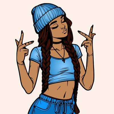 realistic teenage girl with braids and a beanie and crop top doing 🫶🏼