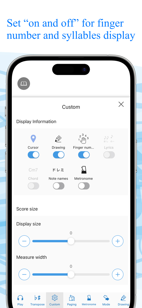 Canon Viewer - Sheet music - Canon Viewer app settings screen for customizing sheet music display with toggles for finger numbers and note names