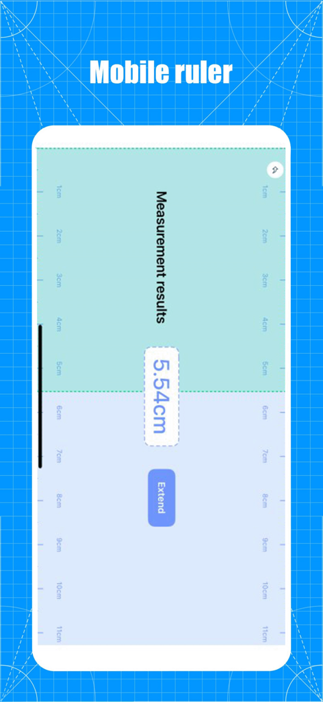 Measure-ruler&level tool - Interfaz de una aplicación de regla móvil que muestra un resultado de medición de 5.54 centímetros sobre un fondo de plano.