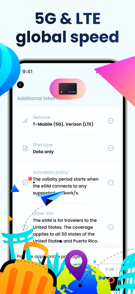 Screenshot of Air Sim app showing 5G and LTE network details and travel data plan information