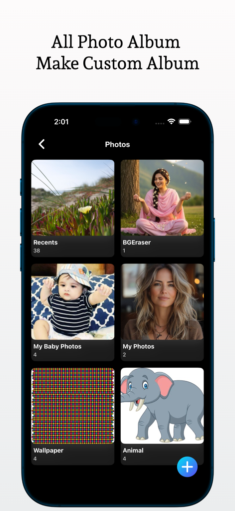 Photo Gallery - Media Manager - Una interfaz móvil de Galería de Fotos - Gestor Multimedia que muestra varios álbumes de fotos organizados como Recientes, Fotos de Mi Bebé y Fondos de Pantalla.