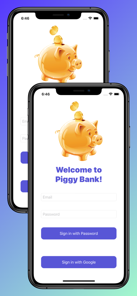 Family Piggy Bank - Pantalla de inicio de sesión de la aplicación Hucha Familiar con una ilustración de una hucha dorada y opciones de inicio de sesión.