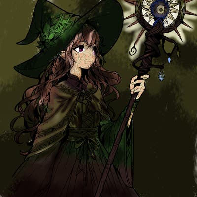 a realistic fantasy manga witch with a staff