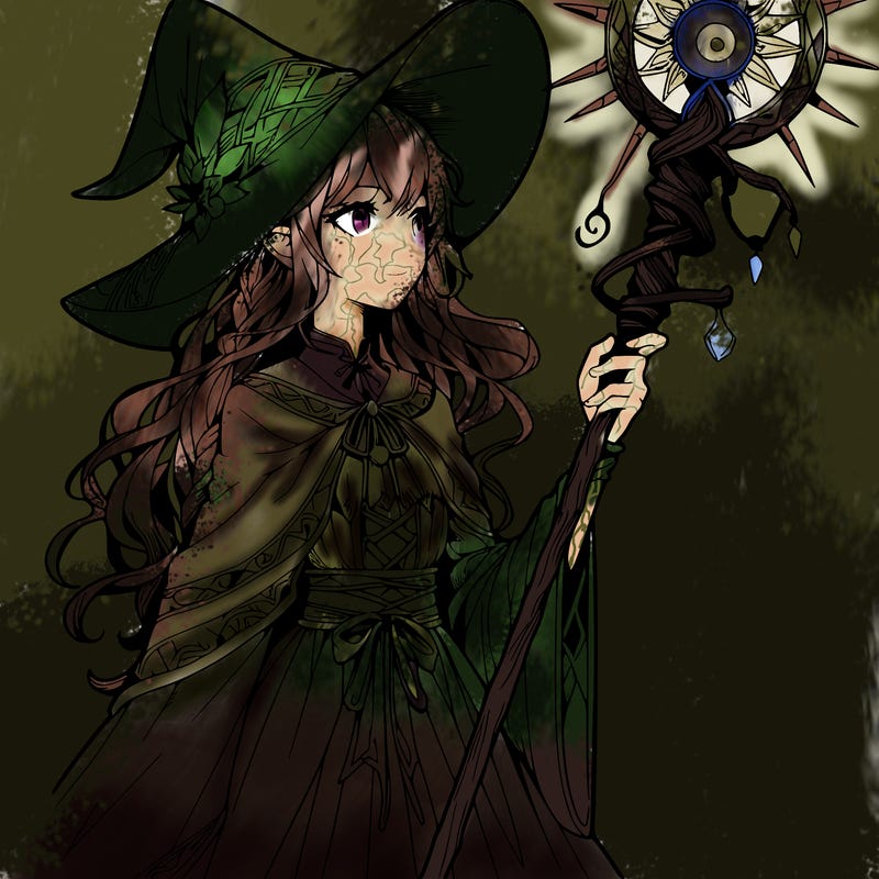 a realistic fantasy manga witch with a staff