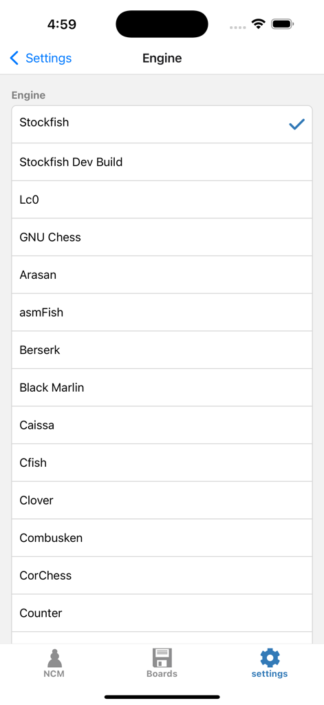 A list of available chess engines in the Next Chess Move app settings including Stockfish and Lc0