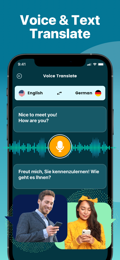 Interface do aplicativo Speak Translator mostrando tradução de voz de inglês para alemão