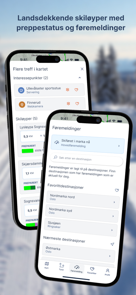 Sporet - Sporet app interface displaying Norwegian ski trail maps and live grooming updates