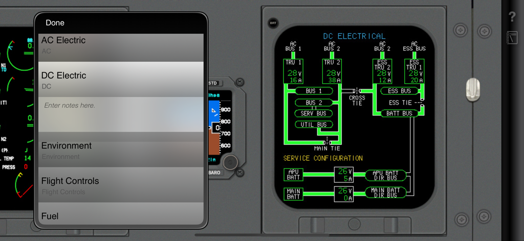 CRJ-700 cockpit DC electrical system diagram with an interactive note taking menu