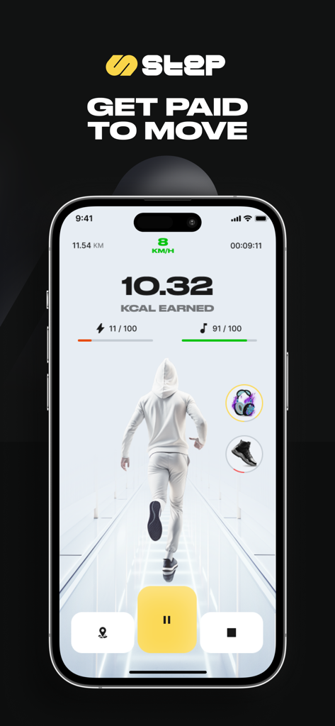 Step App: M2E Running App - Step App mobile interface showing KCAL earned and fitness tracking statistics during a run