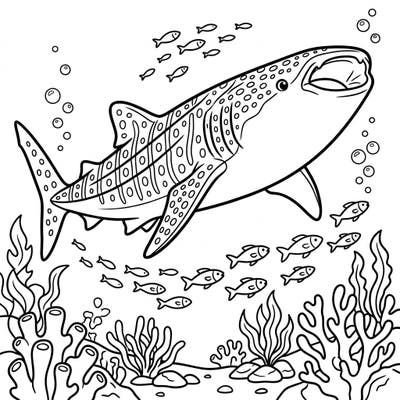Embark on an oceanic journey with this captivating whale shark coloring page. Bring the gentle giant of the sea to life with your favorite colors, surrounded by playful fish and vibrant coral.