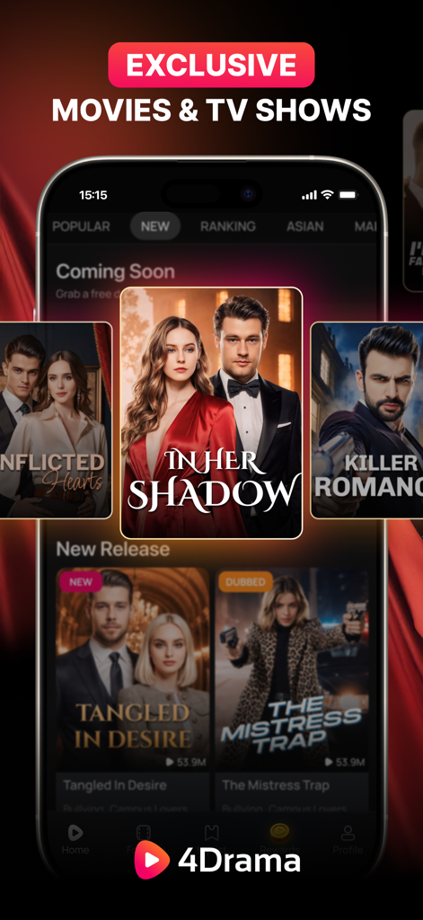 4Drama - Reel Drama Shorts - Interfaz de la aplicación móvil 4Drama que muestra títulos de dramas cortos exclusivos, incluyendo In Her Shadow y Tangled In Desire