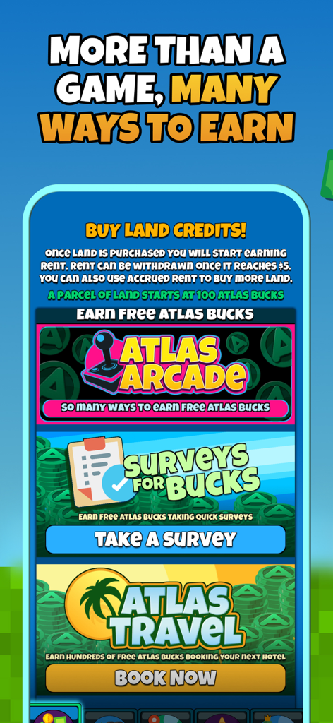 Screenshot of the Atlas Earth app menu showing arcade, surveys, and travel options to earn free Atlas Bucks.