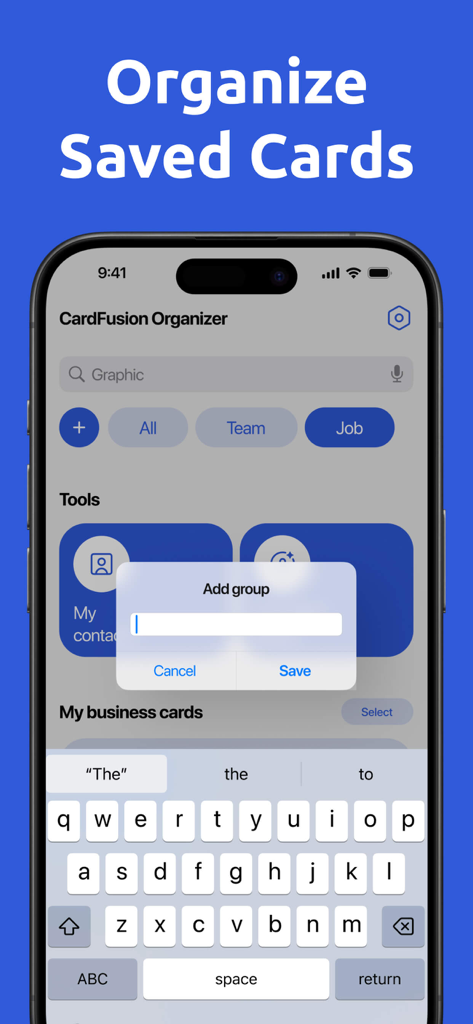Digital Business Card Scannerㅤ - Digital business card organizer app interface showing contact group creation