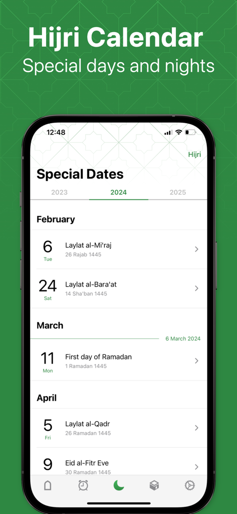 Schermata del calendario Hijri nell'app Namaz che elenca date e festività islamiche importanti per il 2024