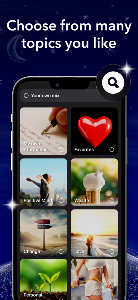 I am + AI Affirmations Widget - Pantalla de smartphone que muestra una variedad de categorías de afirmación que incluyen Riqueza, Amor y Mente Positiva.