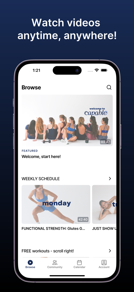 Capable - Capable fitness app browse screen showing on demand workout videos and weekly schedule for women