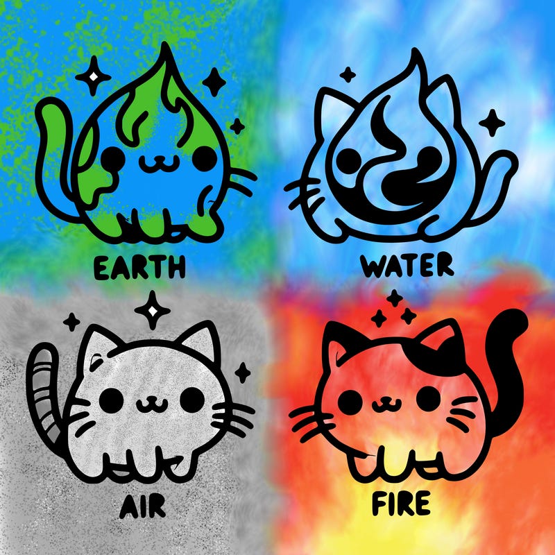 4 cats that represent the different elements, earth, water, air, and fire