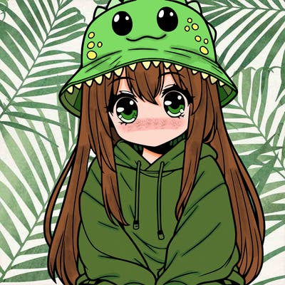 girl with anime shaped eyes with a dinosaur bucket hat oversized sweatshirt long straight hair