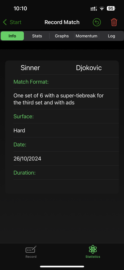 Tennis Track - Tennis Track app screen showing the match information tab with details like players format surface and date