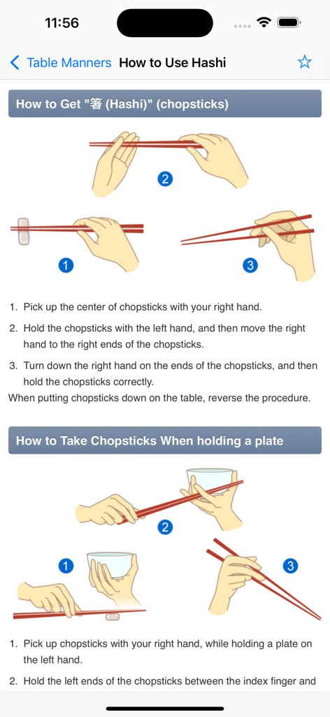 Japandix app screen showing step by step instructions for proper Japanese chopstick etiquette