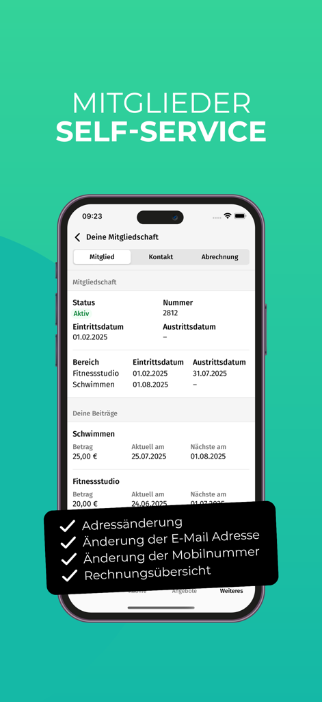 campai - Smartphone screen showing the campai app member self-service page with membership status and billing details.