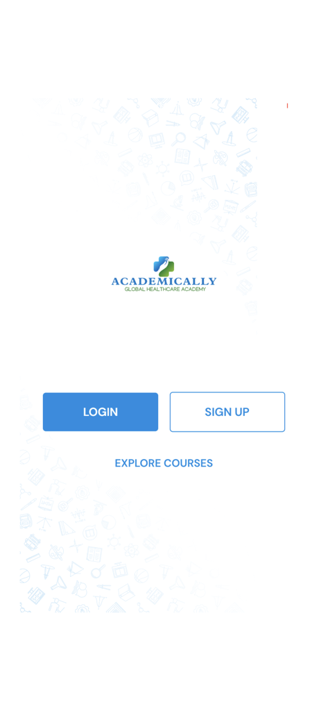 Academically - Academically Global Healthcare Academy login and signup screen with options to explore courses