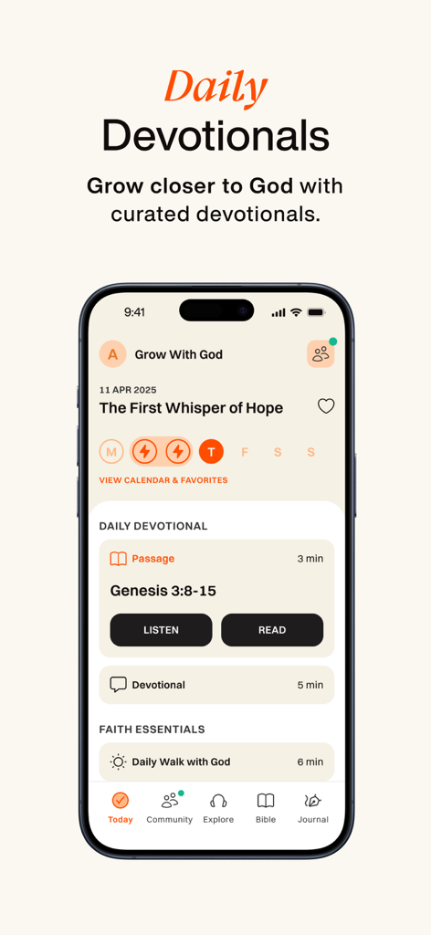 Glorify app interface showing the Daily Devotional screen with a Bible passage and a curated spiritual plan.