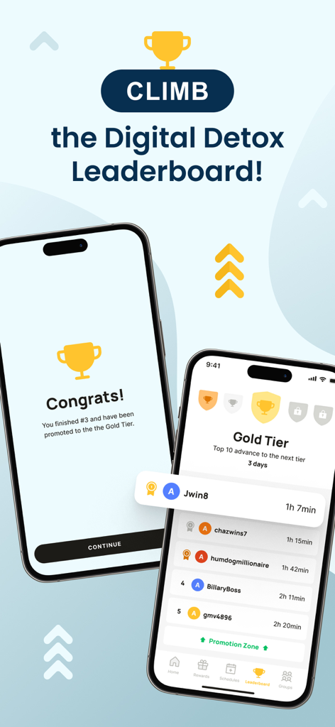 BePresent app screenshots showing digital detox leaderboard rankings and gold tier promotion screen.