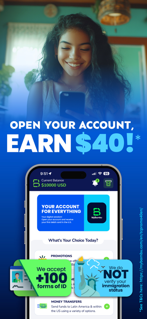 MyBambu Mobile-Banking-App-Aktion mit vierzig Dollar Anmeldebonus und Akzeptanz von über einhundert Ausweisdokumenten.