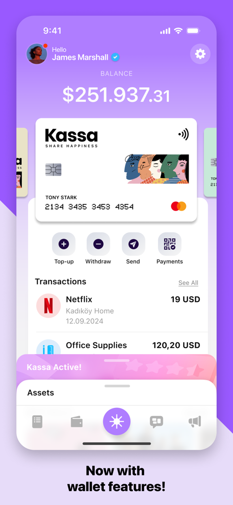 Kassa app dashboard showing digital wallet balance and virtual mastercard