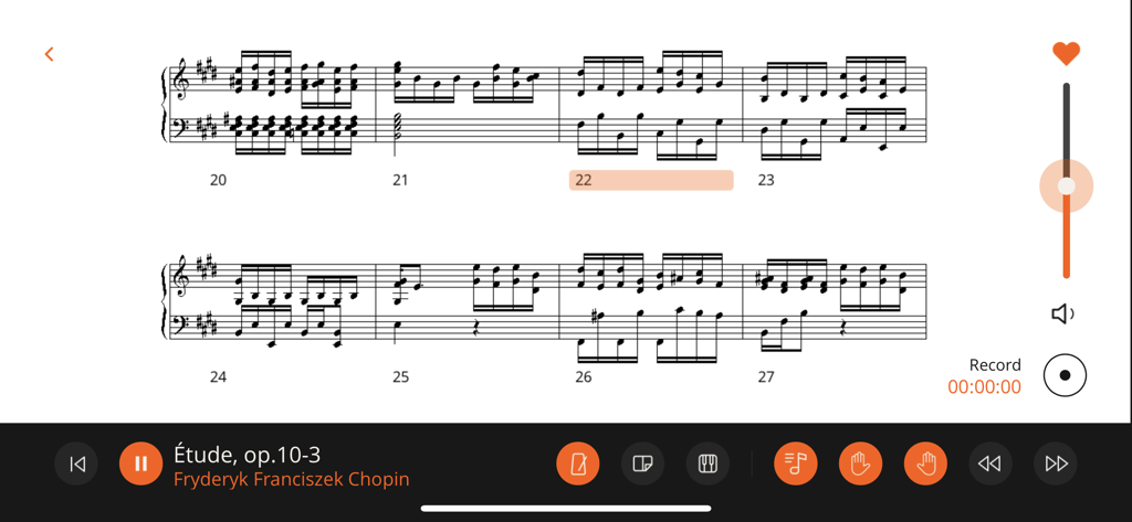 Digital musical score of Chopin Etude on the Roland Piano App interface with playback and recording controls