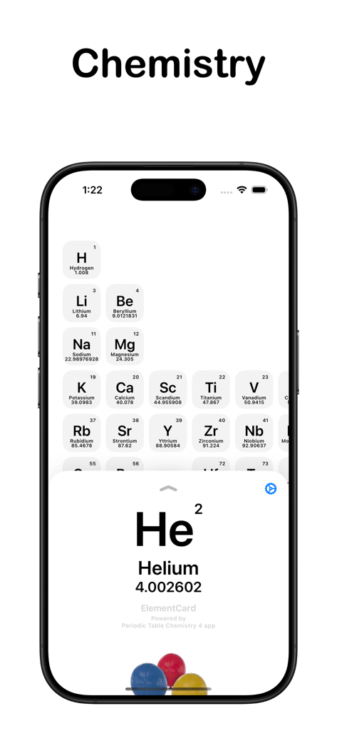 Chemistry Periodic Table 2026 - Interfaz de aplicación de tabla periódica de química minimalista en un iPhone que muestra una cuadrícula de tabla periódica y una tarjeta de información detallada para Helio