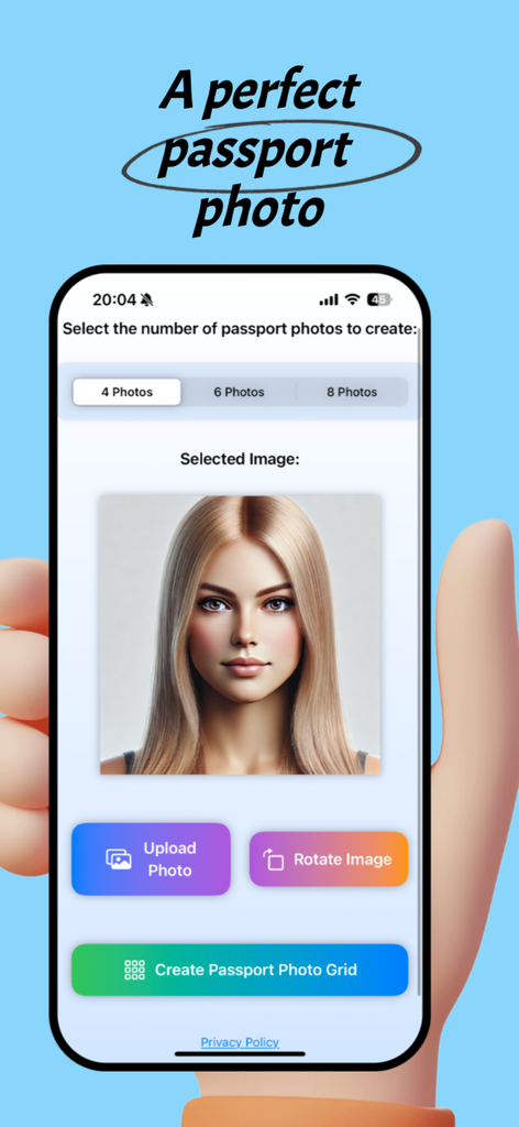 Passport Photo Grid - Interface of the Passport Photo Grid app on an iPhone showing photo editing and grid selection options.