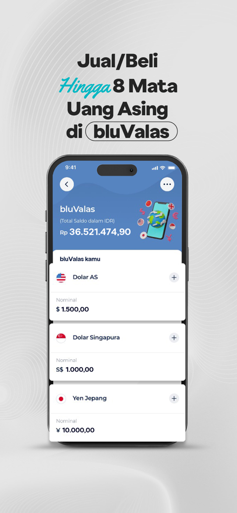 blu by BCA Digital - Mobile App-Benutzeroberfläche, die Guthaben in Fremdwährung für US-Dollar, Singapur-Dollar und Japanische Yen anzeigt.