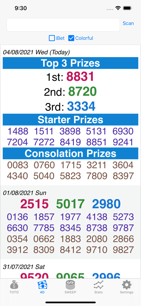 SG TOTO 4D SWEEP - Singapore 4D lottery results interface showing winning numbers for top starter and consolation prizes