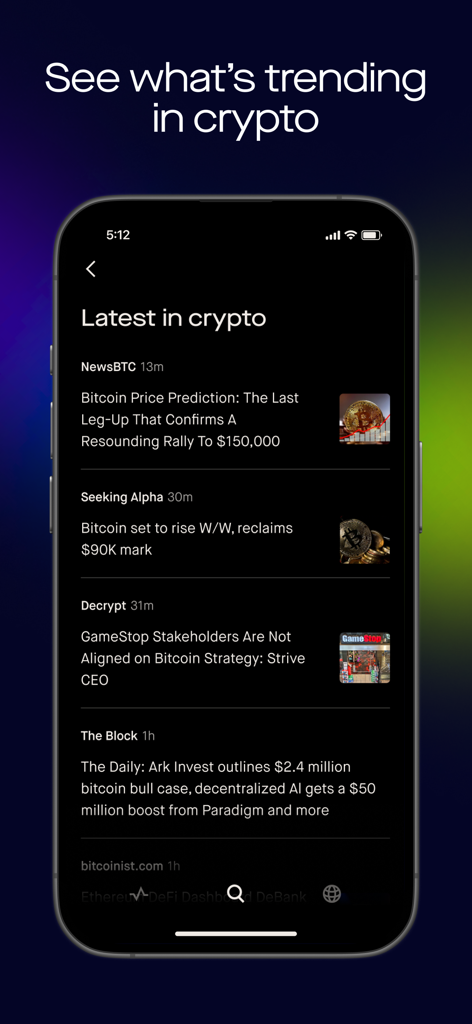 Robinhood Wallet: Swap Crypto - Tela do aplicativo Robinhood Wallet mostrando um feed selecionado das últimas notícias de criptomoedas em alta e atualizações de mercado