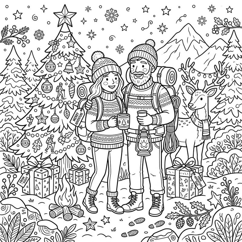 Celebrate the holidays with this heartwarming Adventure Duos Christmas coloring page, featuring a festive couple enjoying a snowy mountain retreat. This charming scene is filled with traditional Christmas cheer and adventurous spirit, perfect for a cozy coloring session.