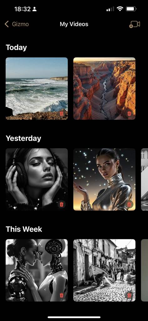 Una vista de biblioteca de videos generados por IA en la aplicación móvil Gizmo Evo organizada por fecha.