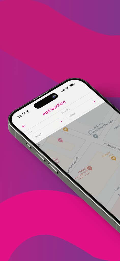 Hader - حاضر - Interfaccia dell'app Hader che mostra una mappa per aggiungere una posizione del servizio per la pulizia della casa