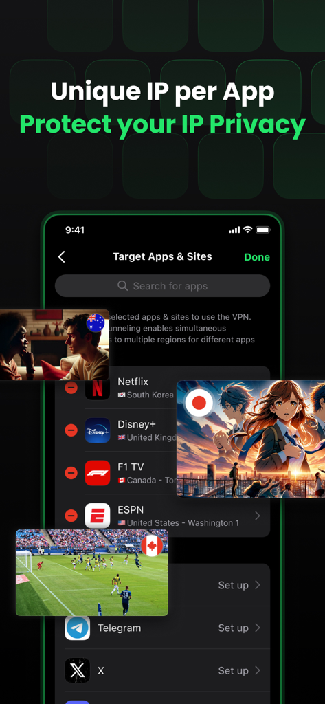 SafeShell VPN: Fast & Secure - SafeShell VPN mobile interface showing unique IP per app settings for global streaming and privacy