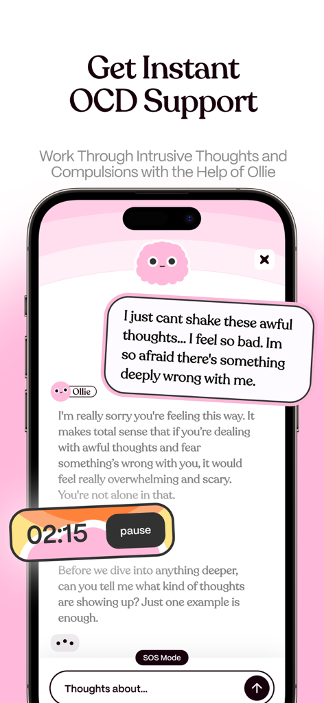 OCD Support App - ObsessLess - ObsessLessアプリのスクリーンショット。インスタントOCDサポートのためのOllieとのAIチャットセッションを表示しています。