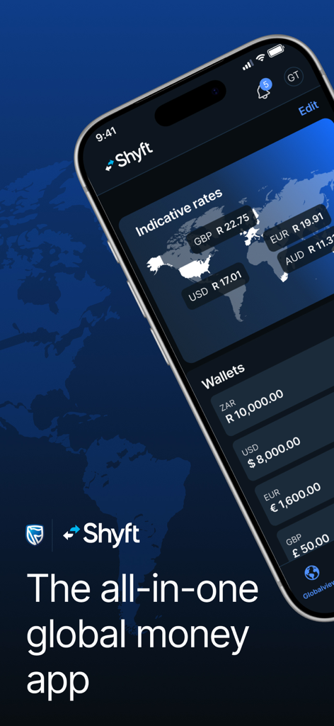 Shyft app interface showing global currency wallets and exchange rates