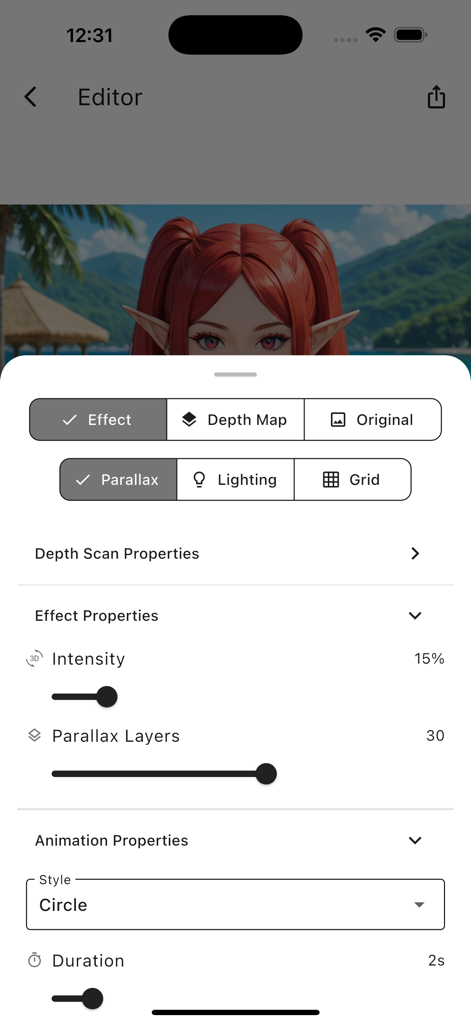 The editing interface of the Live 3D Photo Animator Editor app showing parallax and animation controls.