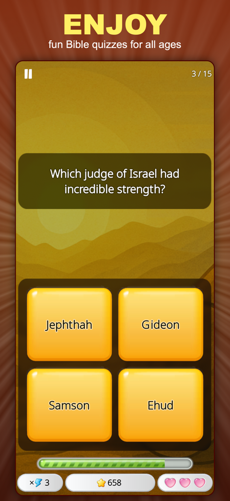Bible Quiz: Trivia Game - A Bible trivia question asking which judge of Israel had incredible strength with multiple choice options