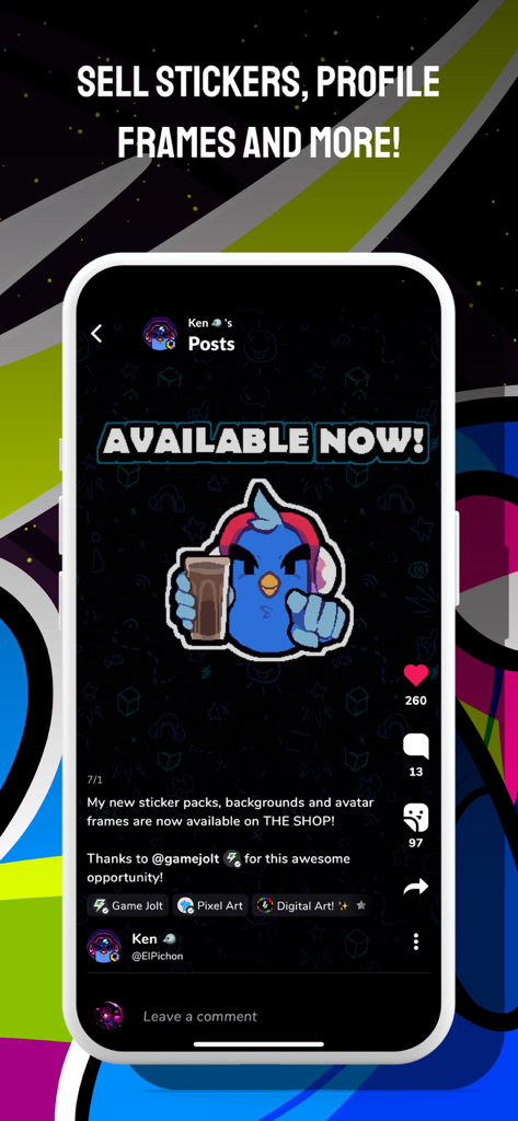 Game Jolt Social - A screenshot of the Game Jolt Social app showing a user post about selling custom digital stickers and profile frames